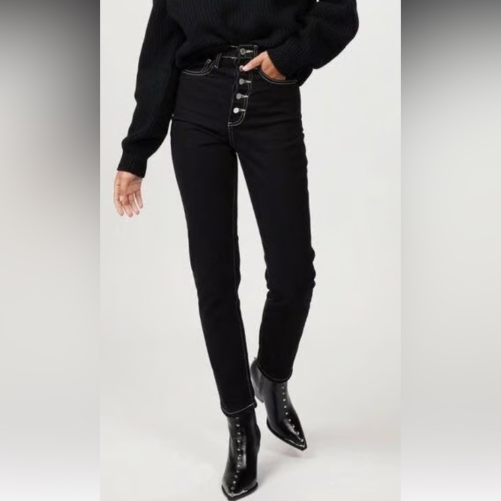 Black button front  straight leg jeans with top stitching